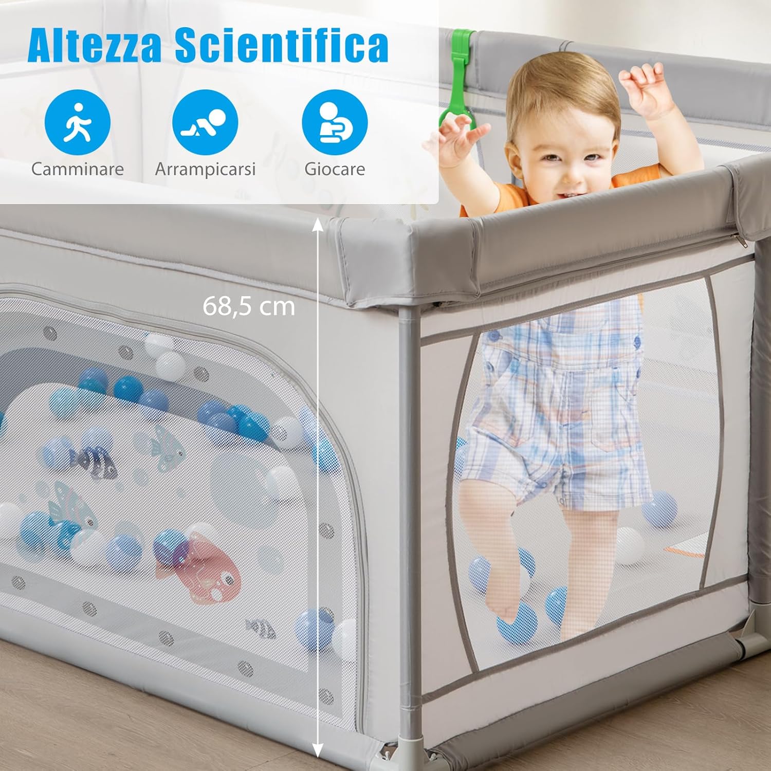 Recinto per Bambini, Box per Bambini con Rete Traspirante, Centro Attività per Bambini con 50 Palline, Box Giochi per Bambini 0-3 Anni (Mondo Sottomarino, 206 x 147 cm)