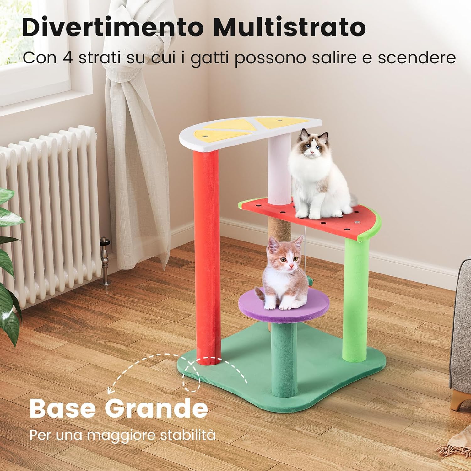 Tiragraffi per Gatti a Forma di Frutta, Albero Moderno per Animali Domestici Multilivello con Piattaforme, Palla di Fragola Pendente e Tiragraffi per Gatti