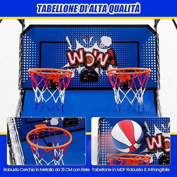 Macchina da Pallacanestro Elettronica Pieghevole, Gioco Arcade da Basket a Doppio Tiro per Casa con 8 Modalità di Gioco, Suono Arcade, Punteggio Elettronico, 4 Palloni e Pompa (Blu)