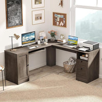 Tavolo per computer a forma di L con base di ricarica integrata, scrivania angolare con ripiano per tastiera e cassetti, tavolo da ufficio per 2 persone con armadietto e ripiano regolabile