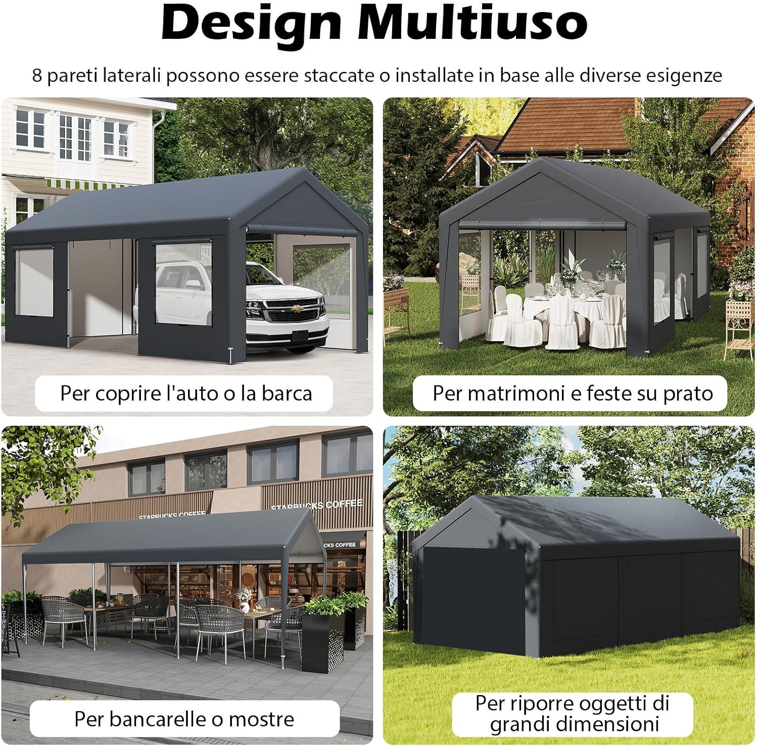 Tenda Garage per Auto Impermeabile, Cappanone Posto Auto con 4 Porte e 4 Finestre a Rete Arrotolabile, Tendone Multiuso a Pareti Laterali Rimovibile per Feste ed Eventi, 595 x 300 x 280 cm