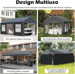 Tenda Garage per Auto Impermeabile, Cappanone Posto Auto con 4 Porte e 4 Finestre a Rete Arrotolabile, Tendone Multiuso a Pareti Laterali Rimovibile per Feste ed Eventi, 595 x 300 x 280 cm