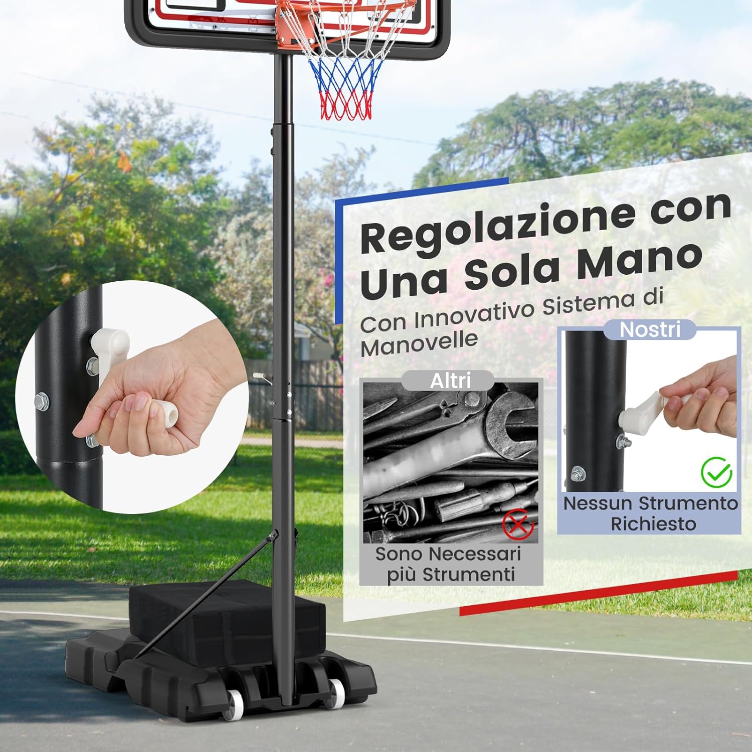 Canestro da Basket Regolabile 225-305 cm in Altezza per Bambini ed Adulti, Canestro con Piantana a Ruote e Manovella, Canestro con Base Riempibile per Interno ed Esterno, Nero