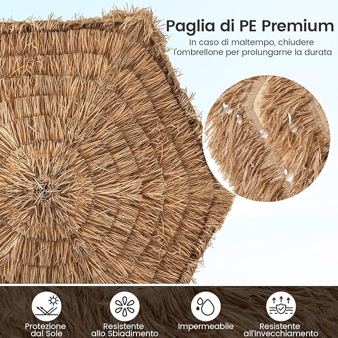 Ombrellone da Spiaggia 283 cm, Ombrello Tiki di Paglia in PE con Base, Ombrellone Sospeso Hawaiano per Giardino Piscina Terrazza