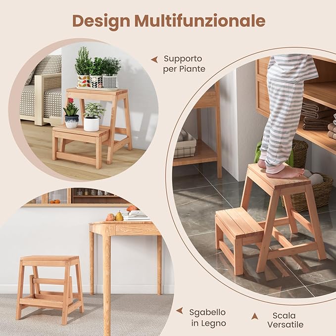 Sgabello Scala in Legno di Abete a 2 Gradini a Ribalta, Scaletta Pieghevole Salvaspazio per Bagno e Libreria, Scaletta Portavasi Multiuso Mensola Fioriere per Balconi e Casa, 50 x 39 x 45 cm