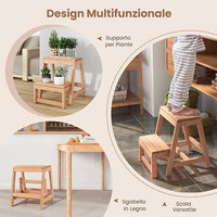Sgabello Scala in Legno di Abete a 2 Gradini a Ribalta, Scaletta Pieghevole Salvaspazio per Bagno e Libreria, Scaletta Portavasi Multiuso Mensola Fioriere per Balconi e Casa, 50 x 39 x 45 cm