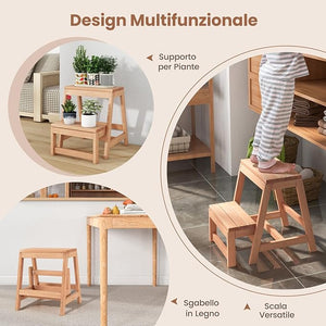 Sgabello Scala in Legno di Abete a 2 Gradini a Ribalta, Scaletta Pieghevole Salvaspazio per Bagno e Libreria, Scaletta Portavasi Multiuso Mensola Fioriere per Balconi e Casa, 50 x 39 x 45 cm