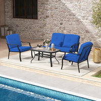 4 Pezzi Set di Mobili da Giardino, con Cuscini e Tavolino in Vetro Temperato, Struttura in MetalloSet di Divani da Esterno per Giardino Cortile e Piscina (Blu)