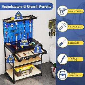 Banco da Lavoro con Piano da 80 x 40 cm, Banco da Lavoro Officina con Pannello Forato e 20 Ganci Porta Attrezzi, Tavolo da Lavoro per Garage con Cassetto e 2 Mensole (Blu)
