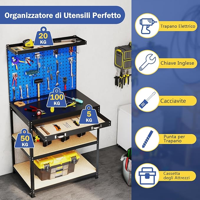 Banco da Lavoro con Piano da 80 x 40 cm, Banco da Lavoro Officina con Pannello Forato e 20 Ganci Porta Attrezzi, Tavolo da Lavoro per Garage con Cassetto e 2 Mensole (Blu)