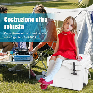 Contenitore per Ghiaccio da 15 L, Contenitore Termico con Maniglia 2 Porta Bicchieri, Contenitore Termico del Ghiaccio Portatile per Campeggio(Bianco）