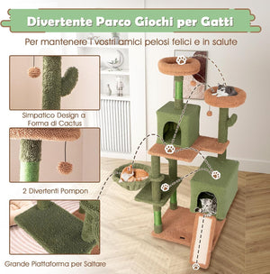 Tiragraffi per Gatti 160 cm, Torre per Gatti con Pali di Graffiatura in Sisal e Scala, Doppi Condomini & Perch in Peluche e Giocattoli Appesi, Albero per Gatti a Cactus per Gattini