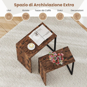 Set di 2 Tavolini da Caffè Impilabili, Tavoli Laterali per Divano con Piano in Finta Legno e Struttura in Metallo, Tavoli per Salotto, Studio e Camera da Letto, Marrone