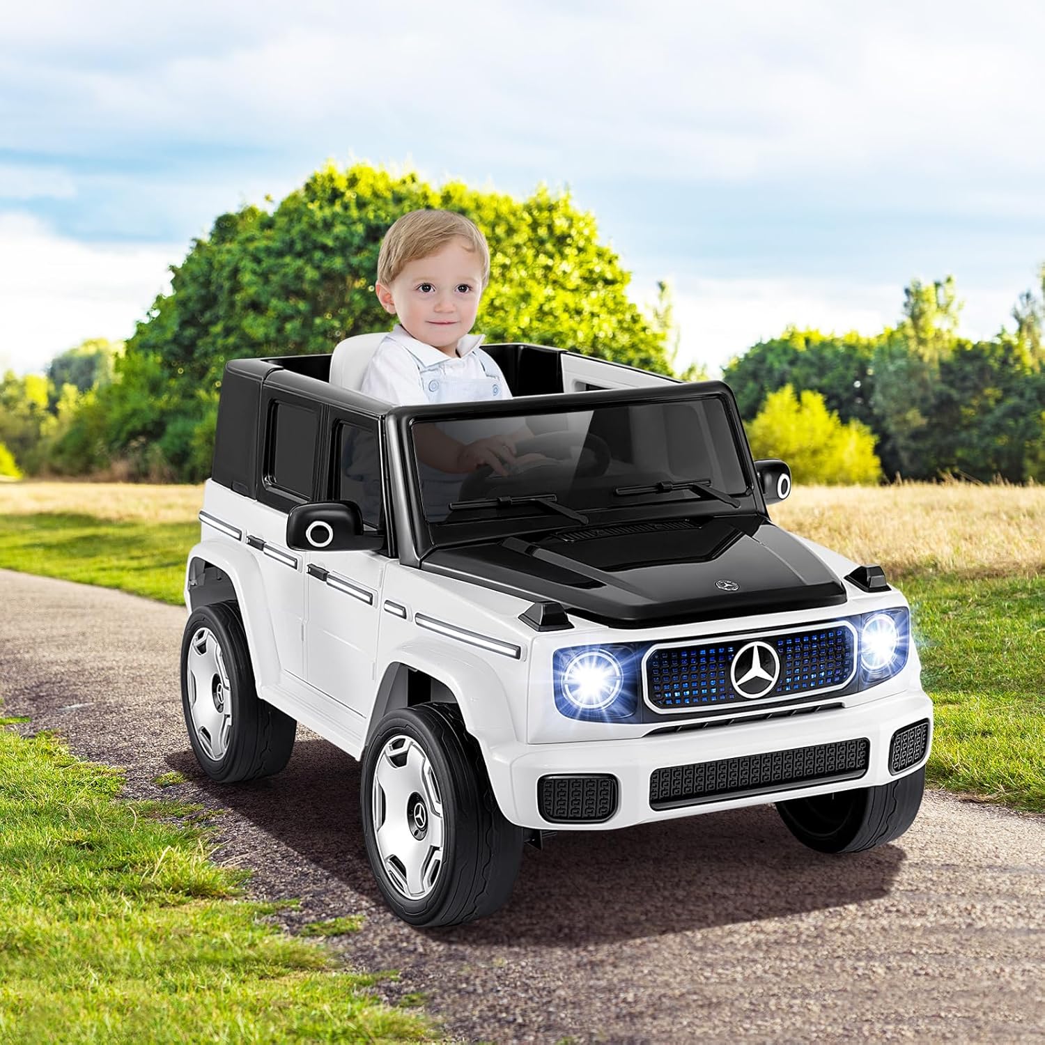 Benz Auto Cavalcabile per Bambini, Veicolo Elettrico 4WD con Telecomando Luci Musica e Clacson, Sospensione a Molla, 3-5 KM/H, per 37-96 Mesi (Bianco)