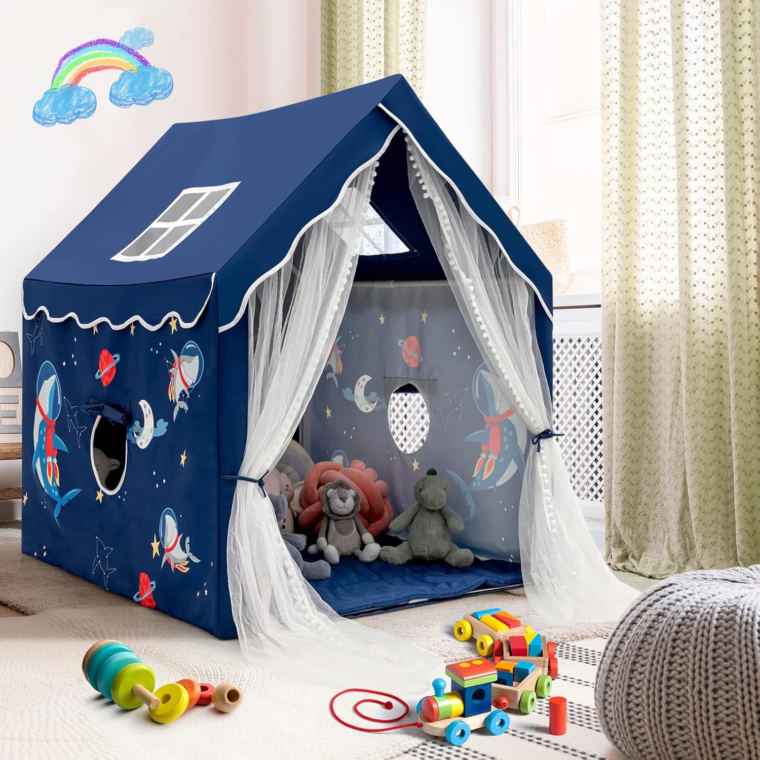 Tenda da gioco per Bambini, Casetta per Bambini da Interno con Tappetino Imbottito Rimovibile, Ideale per Bambini e Bambine, 105 x 121 x 137 cm (Blu)