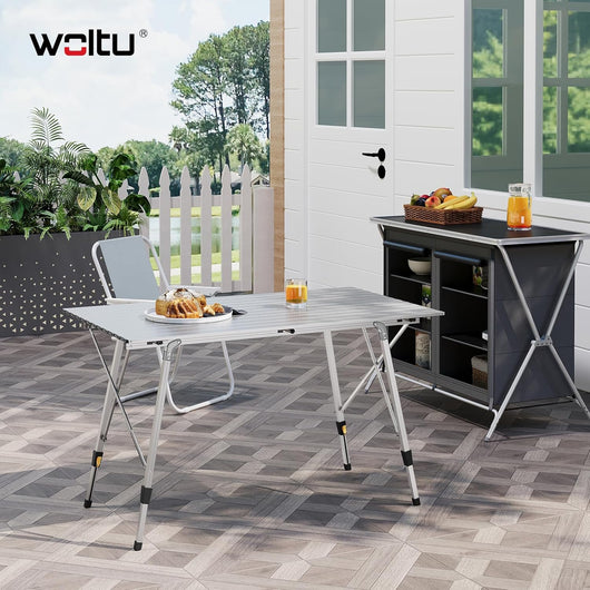 Tavolo da Campeggio Pieghevole Portatile in Alluminio per Picnic Giardino Altezza Regolabile 120x68,5x59/78,5 cm Argento