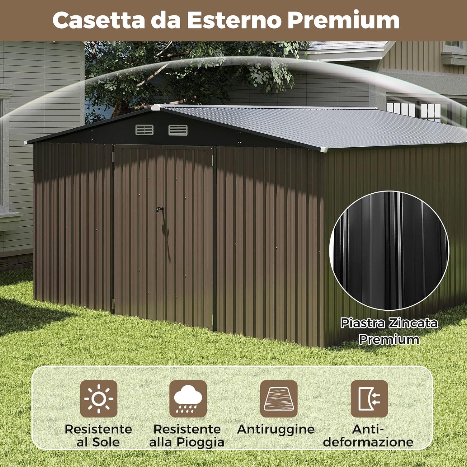 Capanno da Giardino, Casetta Porta Attrezzi con Tetto Inclinato, Porte Bloccabili e Chiavi e 4 Ventilazioni, Organizzatore per Attrezzi da Cortile e Patio, 350 x 350 x 198 cm