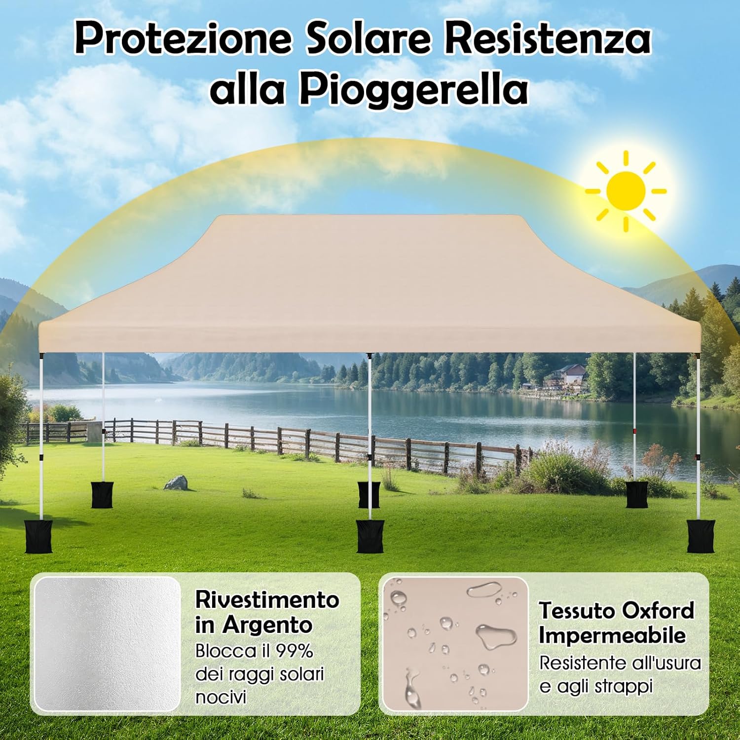 Gazebo Pieghevole da Giardino 3 x 6m, Gazebo Pop-up con Borsa da Trasporto, Regolabile in Altezza, per Feste (Beige)