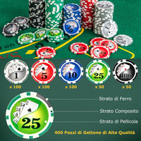 Set da Poker Completo con 400 Finches e 2 Mazzi di Poker, Valigetta in Alluminio con Tappetino, 5 Dadi e Bottone Dealer, Fish Poker per Texas Holdem e Blackjack