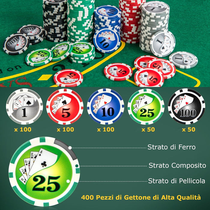 Set da Poker Completo con 400 Finches e 2 Mazzi di Poker, Valigetta in Alluminio con Tappetino, 5 Dadi e Bottone Dealer, Fish Poker per Texas Holdem e Blackjack