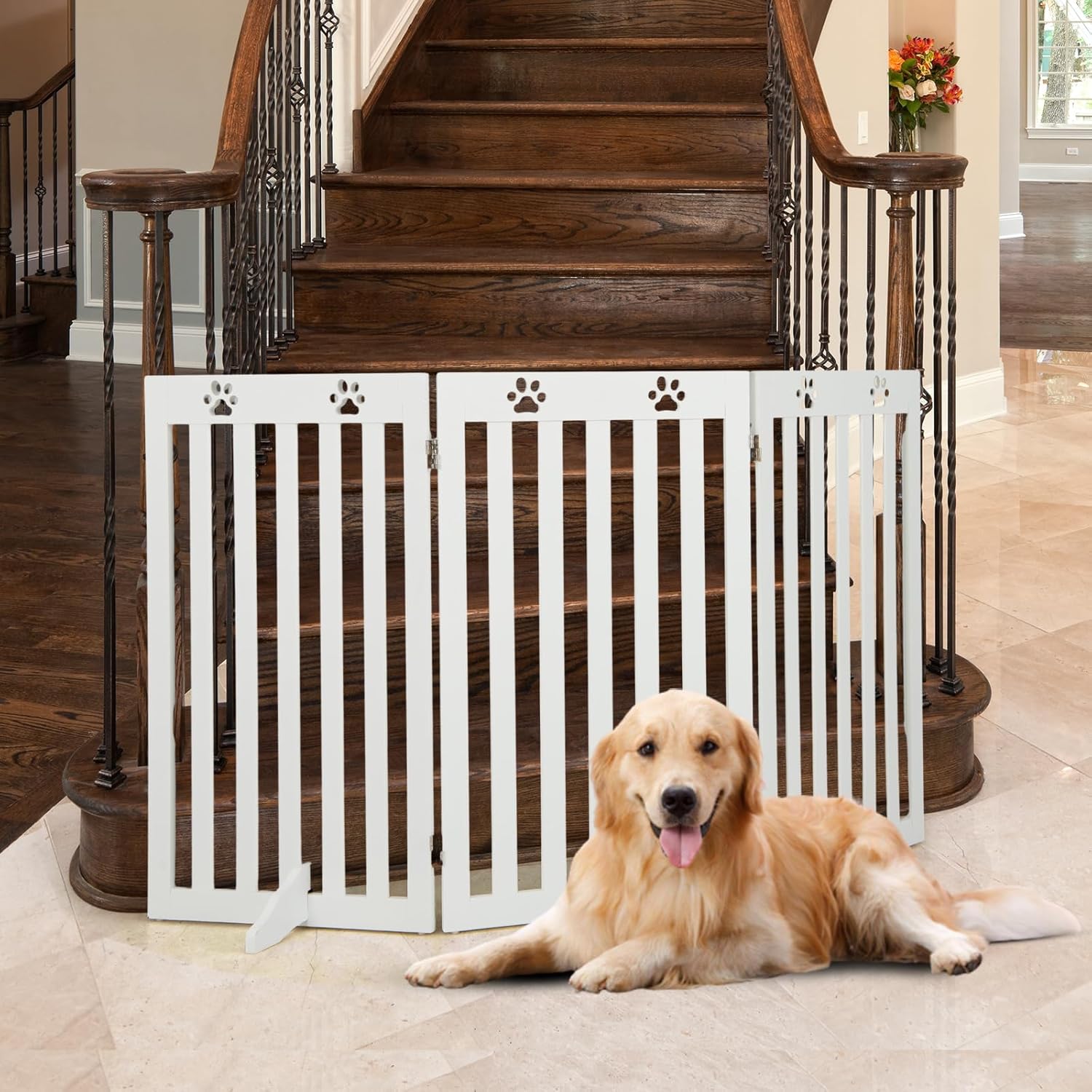 Cancelletto per Cani di Legno Pieghevole, con 3/4 Pannelli e Cuscinetti Antiscivolo, Ideale per Scale e Porta d'Ingresso,151,5 x 89,5 cm (Bianco, 3 Pannelli)