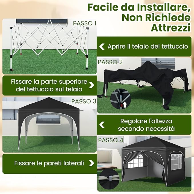 Gazebo Piehevole da Esterno 3 x 3 m, Gazebo Regolabile in Altezza con Pareti Rimovibili, Borsa con Ruote, Picchetti, Ancoraggi, Corde Vento e Sacchi di Sabbia, Tendone per Giardino (Nero)