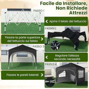 Gazebo Piehevole da Esterno 3 x 3 m, Gazebo Regolabile in Altezza con Pareti Rimovibili, Borsa con Ruote, Picchetti, Ancoraggi, Corde Vento e Sacchi di Sabbia, Tendone per Giardino (Nero)