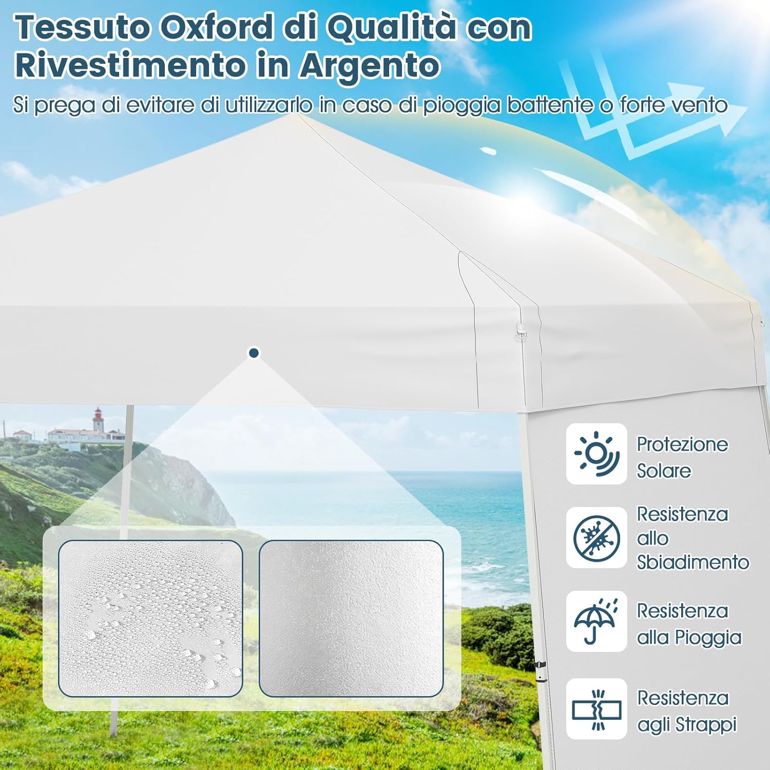 Gazebo Pieghevole 430 x 280 cm, Gazebo da Esterno con Pareti Laterali Convertibili in Tenda da Sole, 8 Picchetti, 4 Corde Antivento, Tendone Impermeabile per Feste (Bianco)