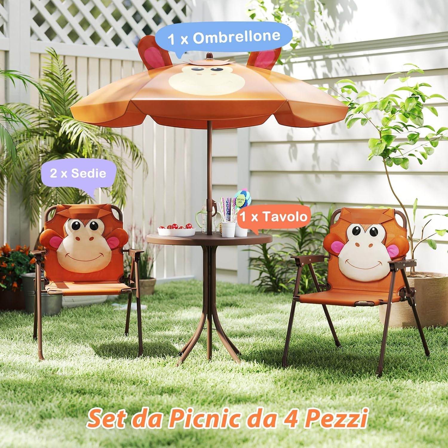 Set Tavolo da Giardino Bambini con 2 Sedie Pieghevoli, Tavolino da Esterno con Ombrellone in Poliestere Regolabile in Altezza, Set Mobili da Giardino per Bambini 3-6 Anni (Scimmia, Marrone)