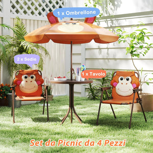 Set Tavolo da Giardino Bambini con 2 Sedie Pieghevoli, Tavolino da Esterno con Ombrellone in Poliestere Regolabile in Altezza, Set Mobili da Giardino per Bambini 3-6 Anni (Scimmia, Marrone)