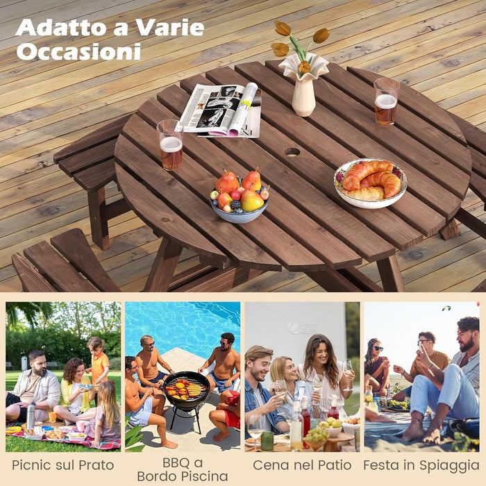 Set Tavolo con 4 Panche da Picnic, Tavolo da Pranzo Rotondo per 8 Persone, con Foro per Ombrello da 5 cm, Set di Mobili da Picnic da Esterno, per Giardino Patio (Marrone)