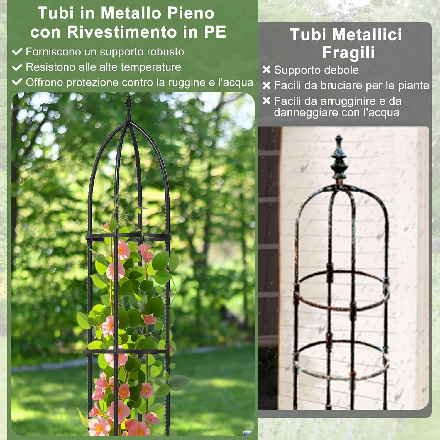 2 Trellis da Giardino per Piante Rampicanti 197 cm, 2 Tralicci in Metallo a Obelisco per Piante in Vaso, Supporto da Giardino per Verdure, Fiori, Pomodori, Rose e Clematidi