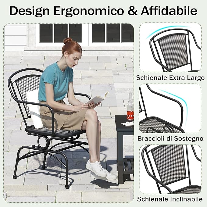 Set di 2 Sedie a Dondolo con Schienale e Seduta in Rete, Poltrona da Pranzo Giardino con Piedini Regolabili, Telaio in Metallo, Sedia da Bistro per Giardino Balcone, Portata 102 kg