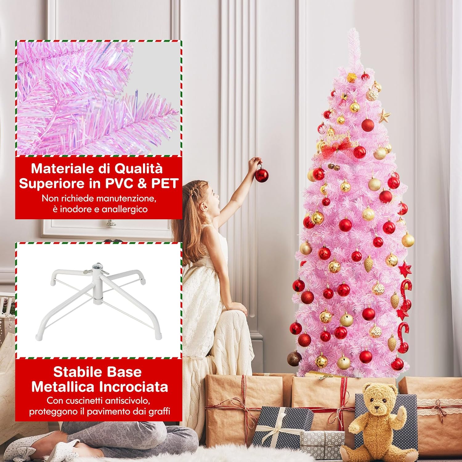 Albero di Natale Artificiale Pre-Illuminato da 180 CM, Albero di Natale Slim Rosa con 475 Rami, 250 Luci LED, Base Pieghevole in Metallo, Decorazione Natalizia per Casa Ufficio Feste
