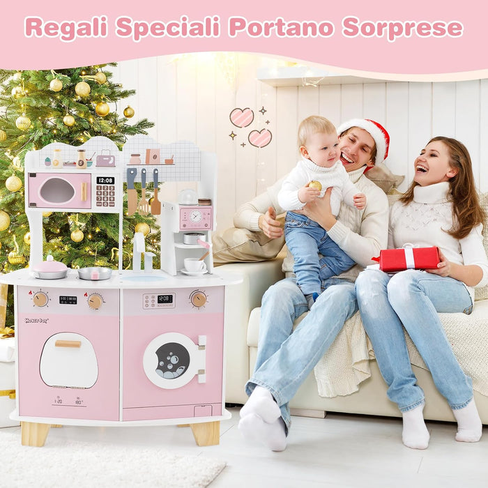 Cucina Giocattolo con Macchina da Caffè, Forno e Lavatrice, Cucina per Bambini in Legno con Microonde e Lavandino, Set Cucina con 13 Accessori, 70 x 30 x 88 cm, per Bambini 3+ Anni