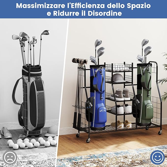 Organizer per Borse da Golf, Carrello per Sacca da Golf con Supporti Rimovibili, Cesta in Rete, Scaffali Aperti, Vassoio e Ruote, Organizzatore Salvaspazio in Metallo per Casa e Garage