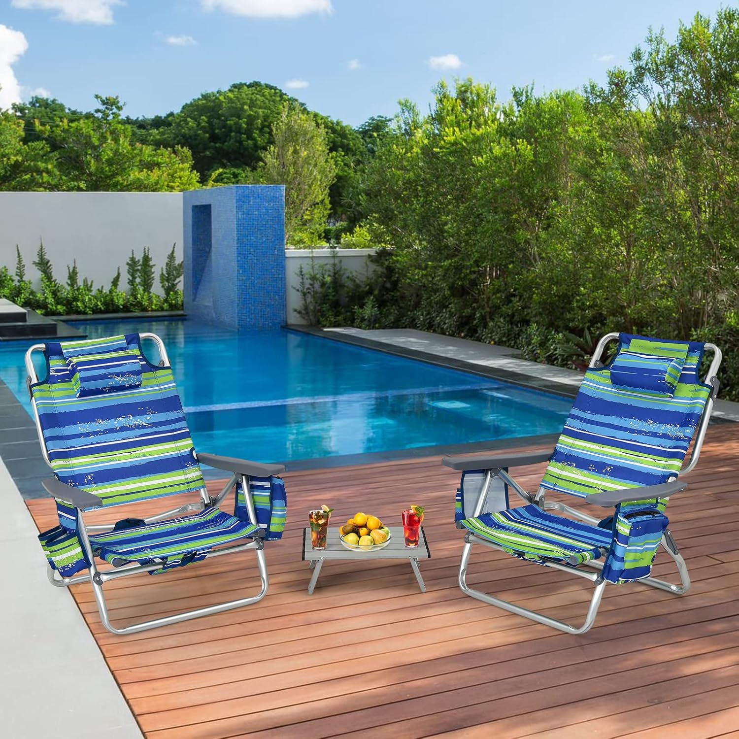 Set di Sedie da Spiaggia e Tavolino, Sedie da Esterno Reclinabili con Tavolino da Campeggio, Set di Tavolino in Alluminio e 2 Sedie Pieghevoli da Spiaggia a 5 Posizioni (Blu+Verde)