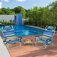 Set di Sedie da Spiaggia e Tavolino, Sedie da Esterno Reclinabili con Tavolino da Campeggio, Set di Tavolino in Alluminio e 2 Sedie Pieghevoli da Spiaggia a 5 Posizioni (Blu+Verde)