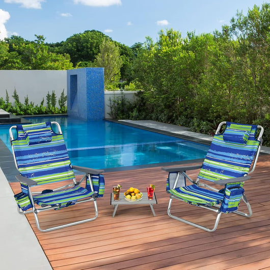 Set di Sedie da Spiaggia e Tavolino, Sedie da Esterno Reclinabili con Tavolino da Campeggio, Set di Tavolino in Alluminio e 2 Sedie Pieghevoli da Spiaggia a 5 Posizioni (Blu+Verde)