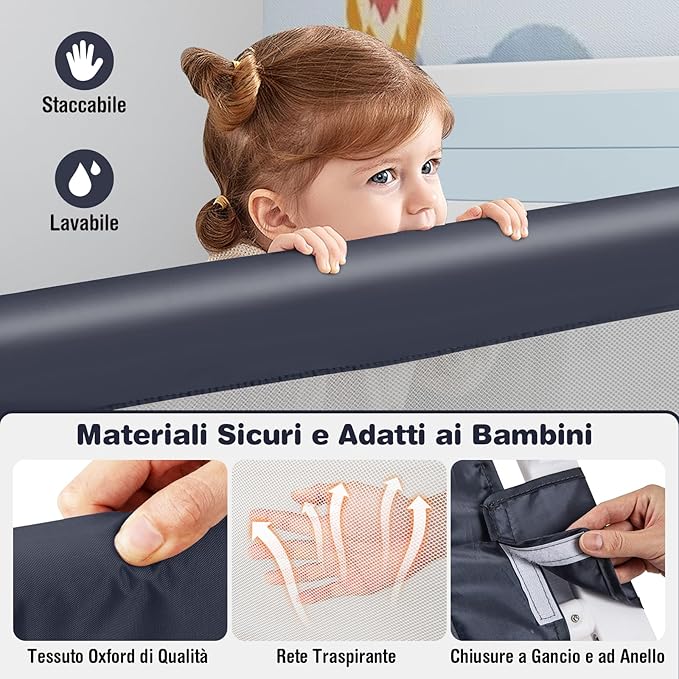 Sponda Letto per Bambini 105/120/150 cm, Barriera di Sicurezza per Neonati, Barriera Letto Pieghevole e Portatile, con Cinghia di Sicurezza (Grigio Scuro, 105 x 38 x 43 cm)