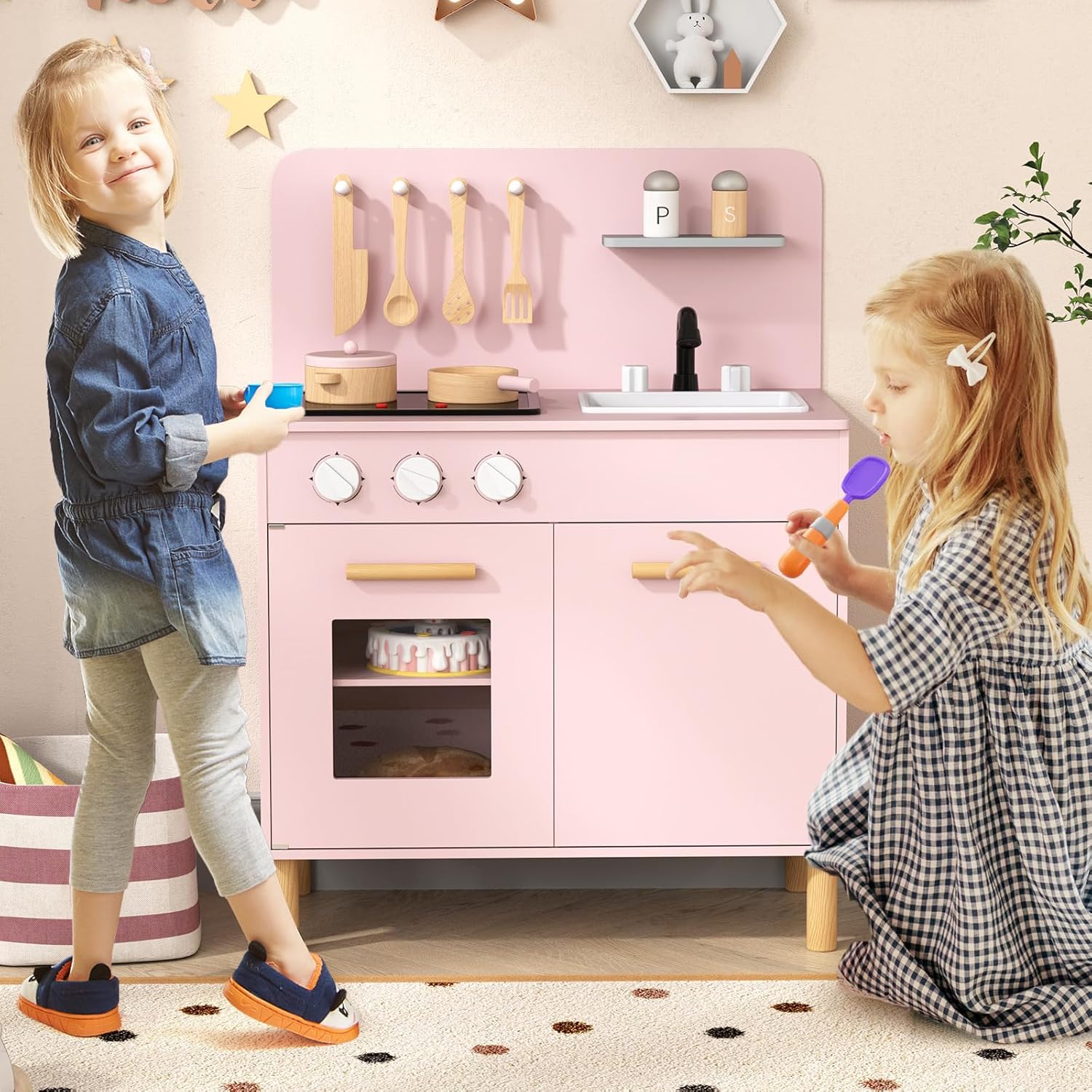 Cucina Giocattolo con Fornelli a Suoni e Luci Reali, Cucina per Bambini in Legno con Lavandelo Estrabile, Rubinetto e Forno, Set Cucina con 11 Accessori, 55 x 31 x 75 cm (Rosa)