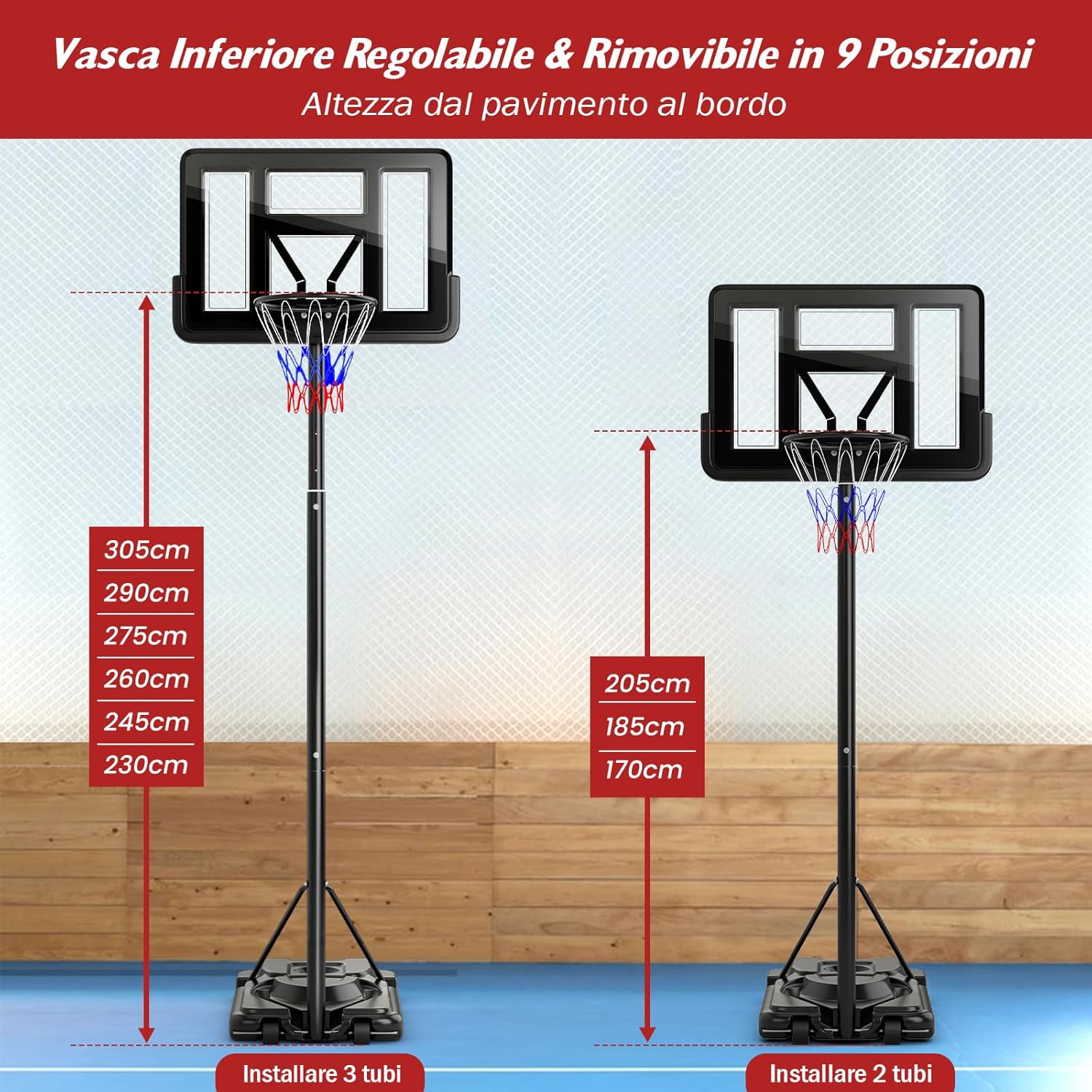 Canestro da Basket da Esterno ed Interno per Adulti, Canestro da Basket Professionale e Regolabile 230-305 cm con Ruote, Tabellone Antiurto da 110 cm e Contenitore per Palloni