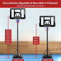 Canestro da Basket da Esterno ed Interno per Adulti, Canestro da Basket Professionale e Regolabile 230-305 cm con Ruote, Tabellone Antiurto da 110 cm e Contenitore per Palloni