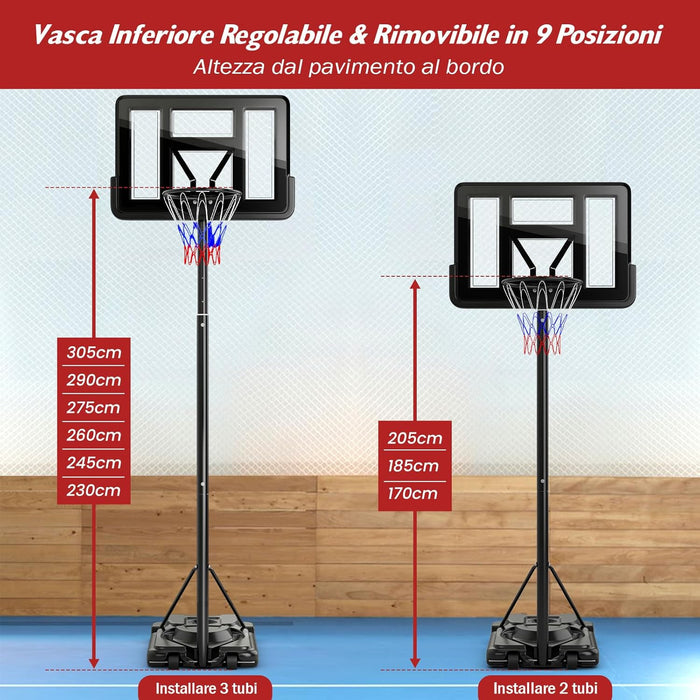 Canestro da Basket da Esterno ed Interno per Adulti, Canestro da Basket Professionale e Regolabile 230-305 cm con Ruote, Tabellone Antiurto da 110 cm e Contenitore per Palloni
