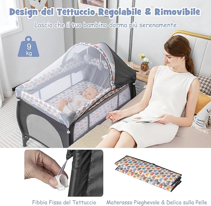 5 in 1 Lettino da Campeggio con Materasso, Lettino Neonato da Viaggio Pieghevole, Box Bambini Portatile con Borsa, Zanzariera, per Bambini 0-36 Mesi (Elefante Colorato)