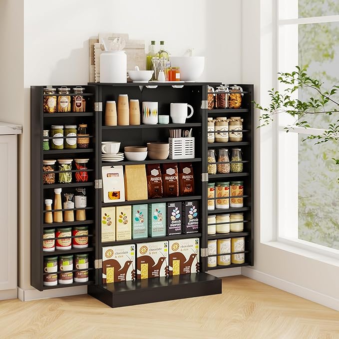 Armadietto Dispensa Alto 104 cm, Mobiletto da Cucina con Ante e Ripiani Regolabili, Credenza Autoportante per Sala da Pranzo, Soggiorno, Camere da Letto, 59 x 30 x 104 cm (Nero)