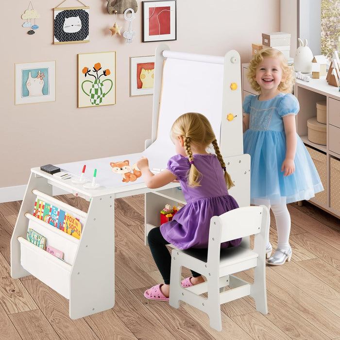 Set Tavolo e Sedia per Bambini, Tavolo in Materiale Sicuro con Lavagna e Sedia, Lavagna Bianca, Rotolo di Carta, 2 Ripiani Aperti e Libreria a 2 Ripiani, Ideale per Disegno (Grigio)