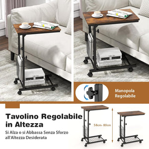 Tavolino da Salotto Moderno, Tavolino Basso Regolabile in Altezza con Ruote e Cestino Portaoggetti, Tavolino Porta PC a Forma di C da Divano e Letto per Soggiorno e Camera da Letto (Marrone)