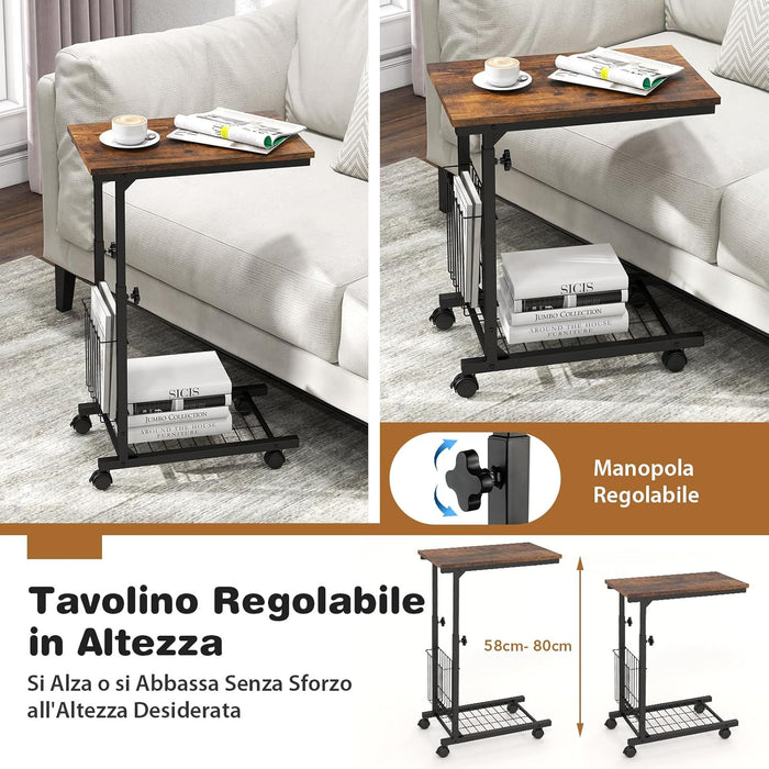 Tavolino da Salotto Moderno, Tavolino Basso Regolabile in Altezza con Ruote e Cestino Portaoggetti, Tavolino Porta PC a Forma di C da Divano e Letto per Soggiorno e Camera da Letto (Marrone)