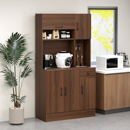 Credenza Alta da Cucina con 5 Ante e Cassetto, Armadio Dispensa da Cucina con Presa Elettrica, Mobile Cucina con Ripiani Regolabili per Sala da Pranzo e Soggiorno, 90 x 39 x 167 cm, Naturale